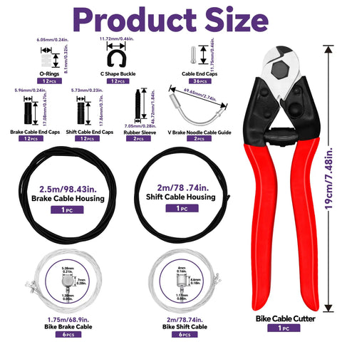 Universal 103Piece Bike Brake Cable Kit With Chromium Vanadium Steel Cable Cutter and Shifter Cables for Mountain and Road Bikes includes components and cutters.