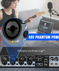 4-Channel USB Audio Interface With ASIO, 24-Bit 192 KHz Recording, 48V Phantom Power, musician playing electric guitar