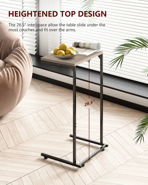 C Shaped End Table For Couch And Recliner With Under Sofa Sliding Laptop Tray And Storage Pockets, Greige Finish