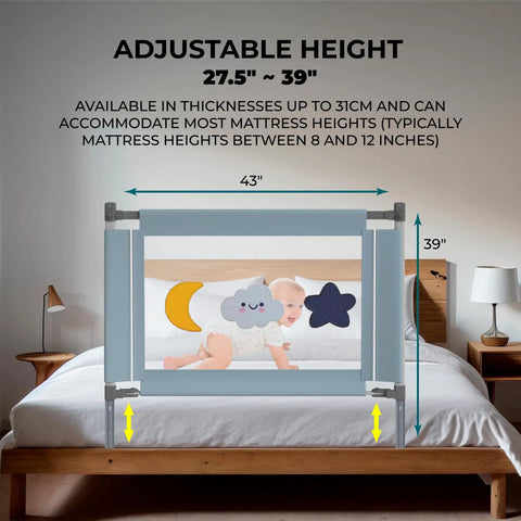 Adjustable Foldable Toddler Bed Rail for Safe Sleep with Strong Lock, fits all mattress sizes, shown on a bed with measurements