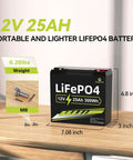 12V 25Ah LiFePO4 Deep Cycle Battery For Scooter RV And Outdoor Camping Replacement For Lead Acid With Higher Energy Density And Longer Life 3000 Plus Cycle Life Powerhouse Battery on table with measurements and weight display