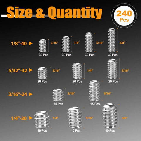 Heavy Duty Assorted Set Screw Kit Featuring Two Hundred Forty Pieces Of Premium 304 Stainless Steel Hardware with various sizes.