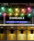 Outdoor String Lights 50 Feet For Patio With 20 Dimmable RGBW LED Bulbs IP66 Waterproof showcasing color and dimming options