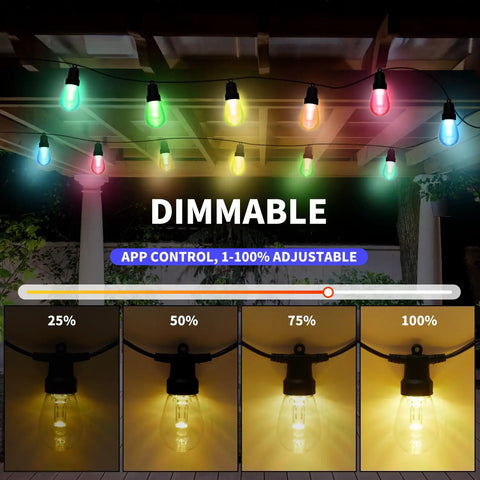 Outdoor String Lights 50 Feet For Patio With 20 Dimmable RGBW LED Bulbs IP66 Waterproof showcasing color and dimming options