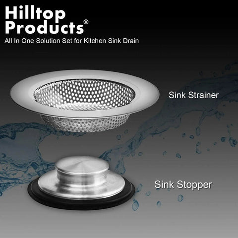Two Piece Kitchen Sink Drain Strainer And Anti Clog Stopper Drainer Set shown with labeled strainer and stopper