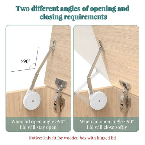 Heavy Duty Soft Close Toy Box Hinges 2 Pack With Universal Reversible Mounting For Wooden Toy Boxes Cedar Storage Trunks And Benches Lid Support Dampening System Keeps Lids Slow And Safe showing >90° and <90° lid angles