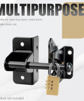 Tough As Nails Automatic Gate Latch For Outswinging Pool And Garden Fences Self Locking Metal Design Rust Resistant Build No Fuss Push Pull Operation Black attached to a door with a padlock.