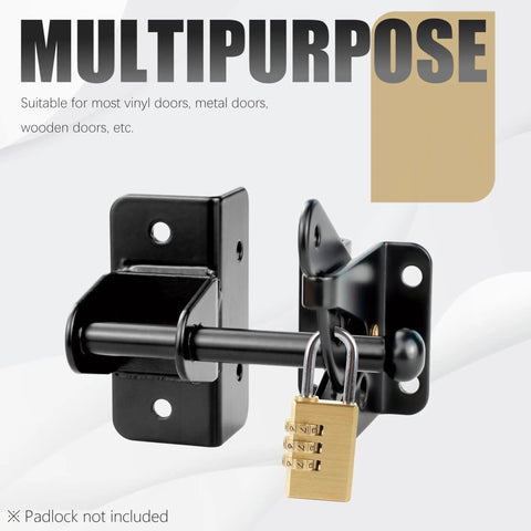 Tough As Nails Automatic Gate Latch For Outswinging Pool And Garden Fences Self Locking Metal Design Rust Resistant Build No Fuss Push Pull Operation Black attached to a door with a padlock.