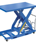 Heavy Duty Electric Hydraulic Lift Table Portable 36 By 64 Inch Platform Adjustable Height in blue with wheels for warehouse use.
