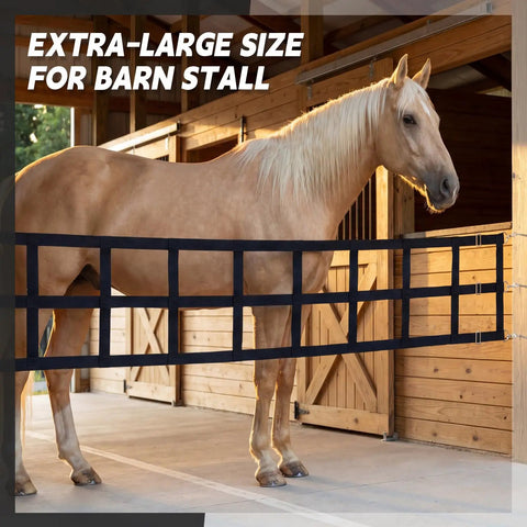 Dang Solid 12 By 20 Foot Polyester Horse Stall Guard featuring no sweat adjustable straps in barn setting with horse.