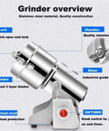 Electric Grain Grinder Mill With Swing Open Chamber showing stainless steel blades and motor for fast grind in your home kitchen