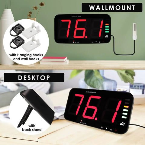Pro Grade Decibel Meter And Sound Level Meter With 13 Inch HD Display And Wall Mount for classroom studio or home use shown wall-mounted and on desk