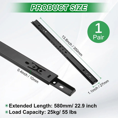 Heavy Duty Soft Close Drawer Slides For Cabinets And Kitchen Drawers, Full Extension Ball Bearing Runners Black 13.8 Inch with dimensions.