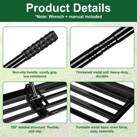 Product details showing Heavy Duty Folding Lawn Leveling Rake 30x10, with adjustable handle, non-slip grip, and durable metal construction.