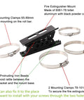 Beefed Up Heavy Duty Roll Bar Fire Extinguisher Holder Mount With Four Clamps For Jeep Wrangler Gladiator UTV Polaris RZR Ranger Ford Bronco Aluminum Construction Quick Release Red Pin 1 Year Warranty, showing mounting clamps and 6061-T6 billet aluminum construction.
