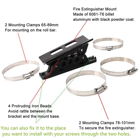 Beefed Up Heavy Duty Roll Bar Fire Extinguisher Holder Mount With Four Clamps For Jeep Wrangler Gladiator UTV Polaris RZR Ranger Ford Bronco Aluminum Construction Quick Release Red Pin 1 Year Warranty, showing mounting clamps and 6061-T6 billet aluminum construction.