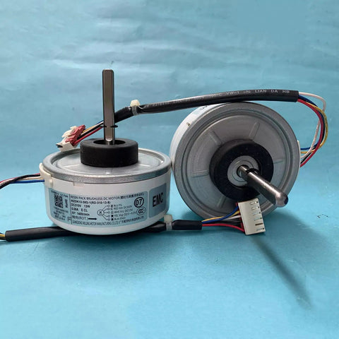 Two 20W Brushless DC Air Conditioning Fan Motors For WZDK20-38G ZKFP-20-8-6 OEM Replacement against blue background