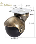 Heavy duty caster wheels antique brass 1.5 inch ball caster with dimensions.
