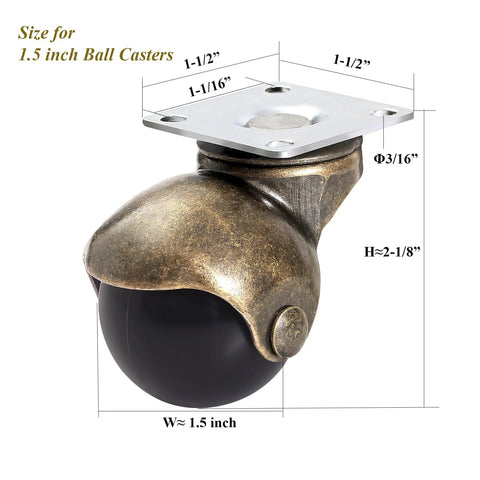 Heavy duty caster wheels antique brass 1.5 inch ball caster with dimensions.