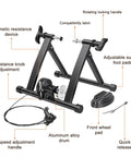 Foldable Magnetic Indoor Bike Trainer With Wheel Riser Block, Six-Level Resistance, showing parts and features in diagram