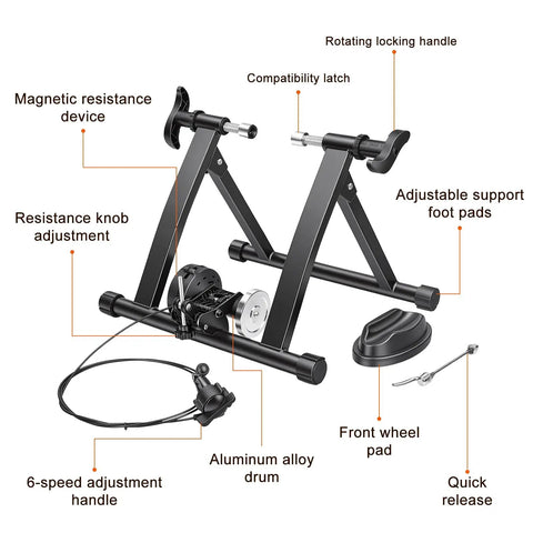 Foldable Magnetic Indoor Bike Trainer With Wheel Riser Block, Six-Level Resistance, showing parts and features in diagram