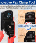 Image of All-In-One PEX Cinch Tool Kit With Remover No-Fuss One-Hand Crimping Tool for 3/8 to 1 inch clamps showing cinch and remove modes.
