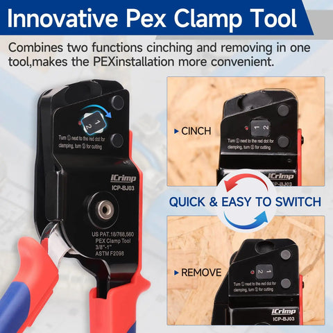 Image of All-In-One PEX Cinch Tool Kit With Remover No-Fuss One-Hand Crimping Tool for 3/8 to 1 inch clamps showing cinch and remove modes.