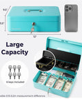 Heavy Duty Locking Cash Box With Key Lock And Built In Money Tray Portable Metal Cash Safe For Cash And Coins Yard Sale Garage Sale Money Organizer For Small Business Durable Cyan with open view and dimensions