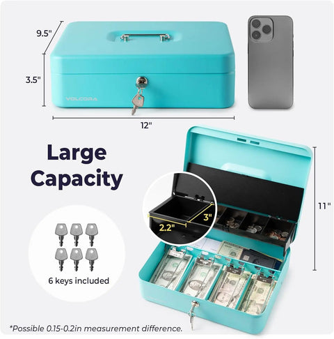 Heavy Duty Locking Cash Box With Key Lock And Built In Money Tray Portable Metal Cash Safe For Cash And Coins Yard Sale Garage Sale Money Organizer For Small Business Durable Cyan with open view and dimensions