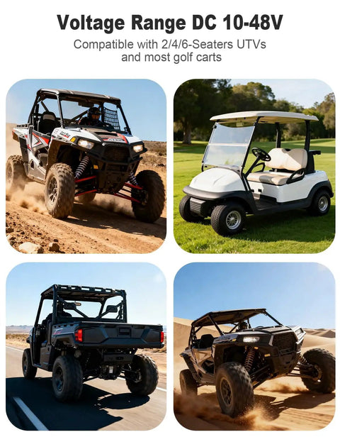 Four UTVs and a golf cart compatible with UTV Turn Signal Kit With 110dB Horn Plug And Play Prewired Blinker Kit With Lever Column Switch DC 10-48V 10A Street Legal For Polaris Can Am Teryx Golf Cart Easy DIY Extension Cable Included