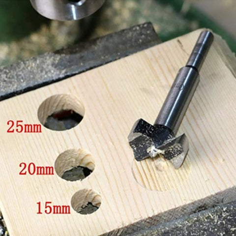 Five Piece Forstner Drill Bit Set Featuring Adjustable Depth Range, showing 15mm, 20mm, 25mm holes in wood with carbide bit.