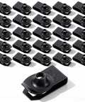 25 Pack Black U Bolt Snap Nuts M6 Metric And Quarter Inch 20 Thread Universal Auto Fender Grill Bumper Panel Hardware Fasteners displayed on white background.