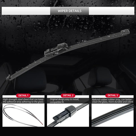 Heavy Duty Rear Windshield Wiper Blade And Arm Replacement Kit For Volkswagen Atlas 2018 Through 2026, detailed view showing high-strength steel sheet and rubber strip.