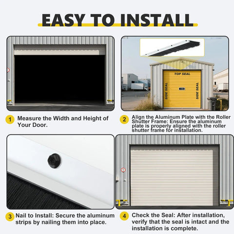 Step-by-step installation guide for Heavy Duty Roll Up Garage Door Brush Seal 10 Foot Weather Stripping with aluminum plate.