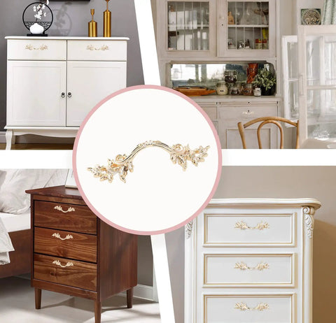 2 Pack European Style Dresser Pulls, 2-1/2 Inch Vintage Gold Antique Cabinet Handles, installed on various dressers and cabinets