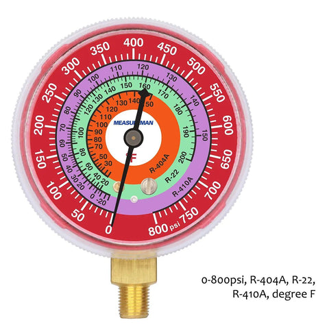 Refrigeration Pressure Gauge Kit With Dual Blue Dial And Red Dial, 2 3/4 Inch Dial, 1/8 Inch NPT Lower Mount, -30InHg To 0-250 PSI And 0-800 PSI Range, For R404A R22 R410A Servicing, For Easy Field Or Shop Use. Front view of 2.75-inch refrigeration pressure gauge with 1/8 NPT lower mount.