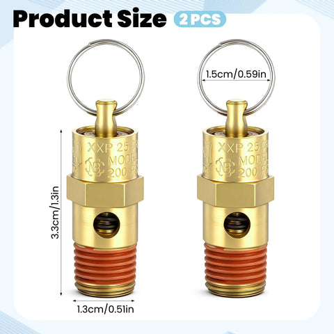 Two brass 1/4 in NPT air compressor check valves rated 200 PSI with red threaded bodies and ring hangers