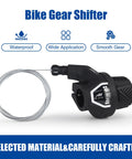 Shift Lever For 22.2 Mm Handlebar Black Dope 6 Speed Bike Shifter For Mountain Hybrid And Cruiser Bikes 2.54 Inch Length 3.56 Inch Height Includes 82.67 Inch Cable, shown with cable and gear indicator, waterproof design for smooth shifting.