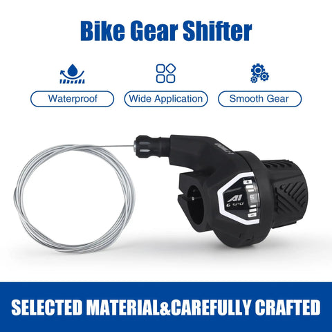 Shift Lever For 22.2 Mm Handlebar Black Dope 6 Speed Bike Shifter For Mountain Hybrid And Cruiser Bikes 2.54 Inch Length 3.56 Inch Height Includes 82.67 Inch Cable, shown with cable and gear indicator, waterproof design for smooth shifting.