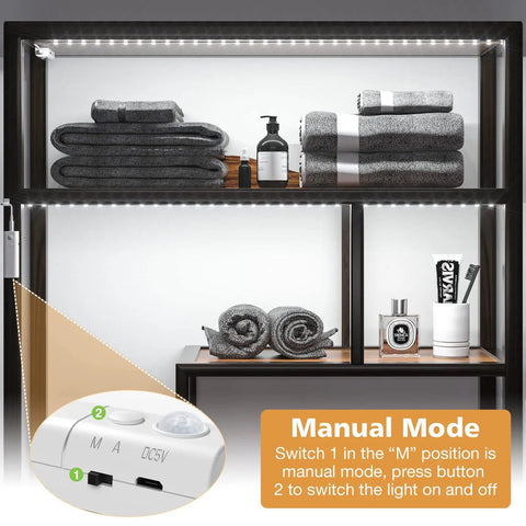 Motion Sensor LED Strip Lights With Rechargeable Battery And USB Removable Control Box installed on a shelf