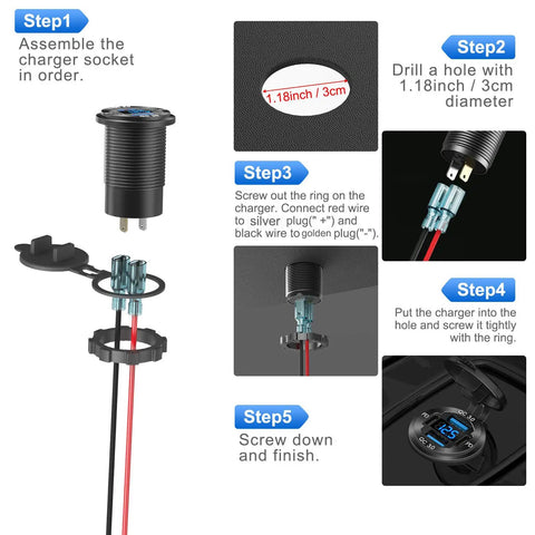 Installation steps for Upgraded Quad Port 12V USB Outlet Aluminum Car Charger With 78W Dual PD USB C And QC Fast Charge.