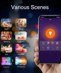 Smartphone app controlling Dope Smart RGB LED Bulbs A19 E26 Dimmable Color Changing 800 Lumen Lights with scenes settings