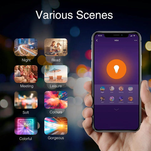 Smartphone app controlling Dope Smart RGB LED Bulbs A19 E26 Dimmable Color Changing 800 Lumen Lights with scenes settings