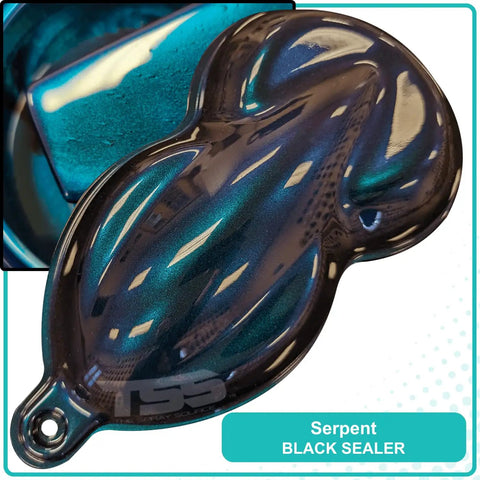 Top Shelf Heavy Duty Basecoat Paint Gallon Blended With A Slow Reducer Ready To Roll Serpent Black Sealer swatch.