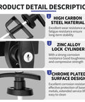 Detail image of Lock It Down Shed Door Lock Latch 2 Pack features high carbon steel, zinc alloy lock cylinder, and chrome plated design.