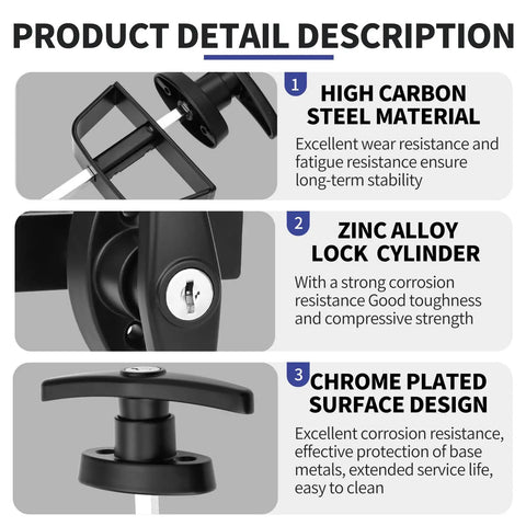 Detail image of Lock It Down Shed Door Lock Latch 2 Pack features high carbon steel, zinc alloy lock cylinder, and chrome plated design.