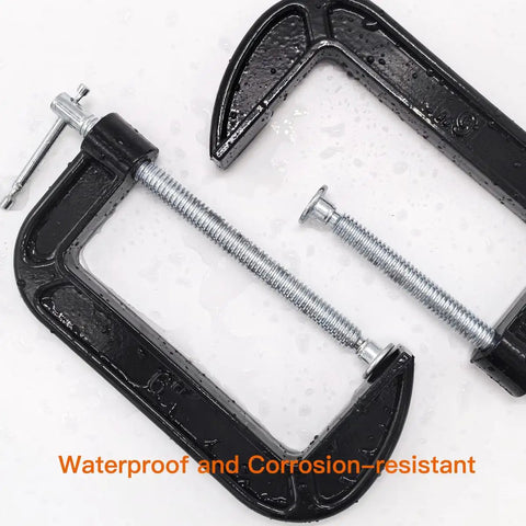 Beefy Six Inch C Clamp Set With Two And Five Eighths Inch Throat Depth Heavy Duty Steel C Clamps on wet surface