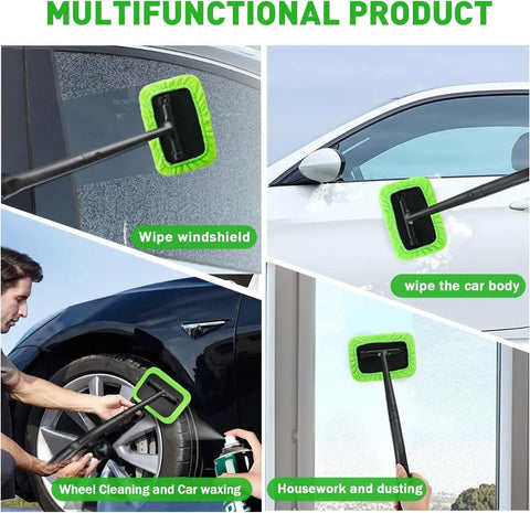 Inside Windshield Cleaning Tool With 22 Inch Detachable Handle used for windshield, car body, wheel, and home cleaning.