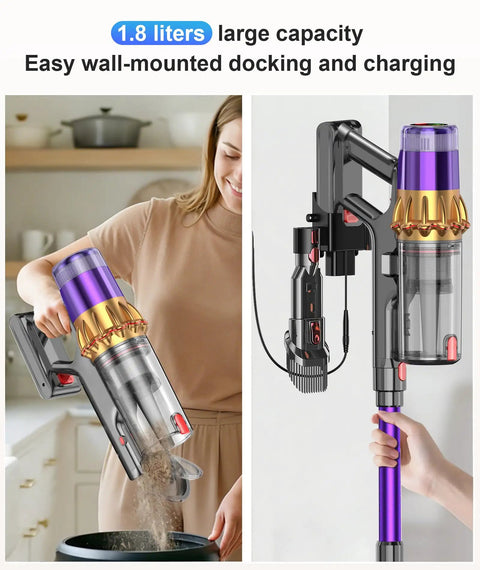 Game Changing Cordless Vacuum Cleaner With Killer Fifty Five Kpa Suction And Heavy Duty Six Hundred Watt Brushless Motor showing 1.8L capacity and wall-mounted dock.