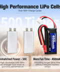 7.4V LiPo Battery 2S 30C 450mAh Rechargeable with JST and PH2.0 plugs, showcasing power cells and battery pack layout